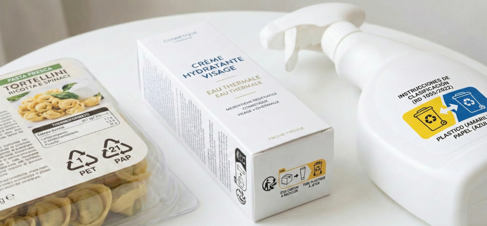 EU packaging examples showing French Triman logo, Italian material codes, and Spanish disposal icons
