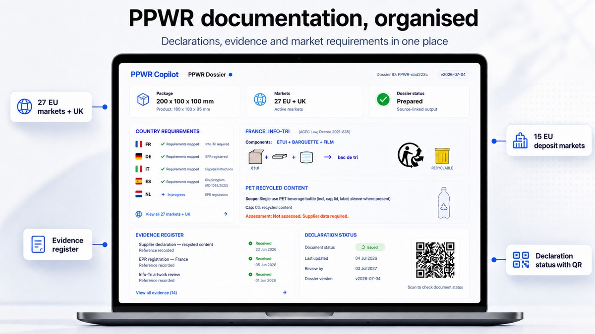 Hero image showing a sample packaging compliance dossier on a laptop mockup, with callouts for 27 EU markets plus UK, 15 EU deposit markets, evidence register, and declaration status with QR.